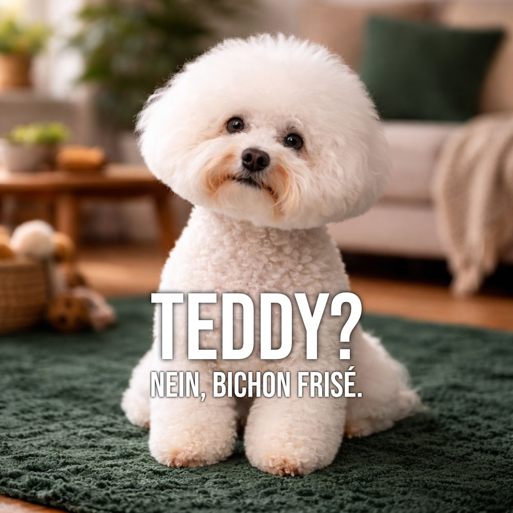 Bichon Frisé sitzt im Wohnzimmer auf dunkelgrünem Teppich, Hintergrund unscharf