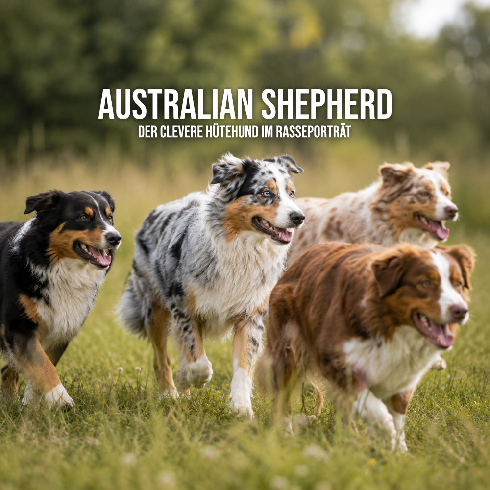 Vier Australian Shepherds in den Farbschlägen Black Tri, Blue Merle, Red Tri und Red Merle laufen gemeinsam über eine grüne Wiese.