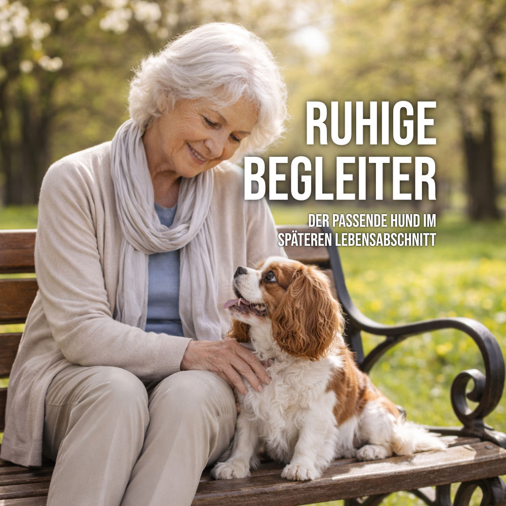 Ältere Frau sitzt im Frühling auf einer Parkbank mit einem Cavalier King Charles Spaniel, der sie ruhig anschaut.