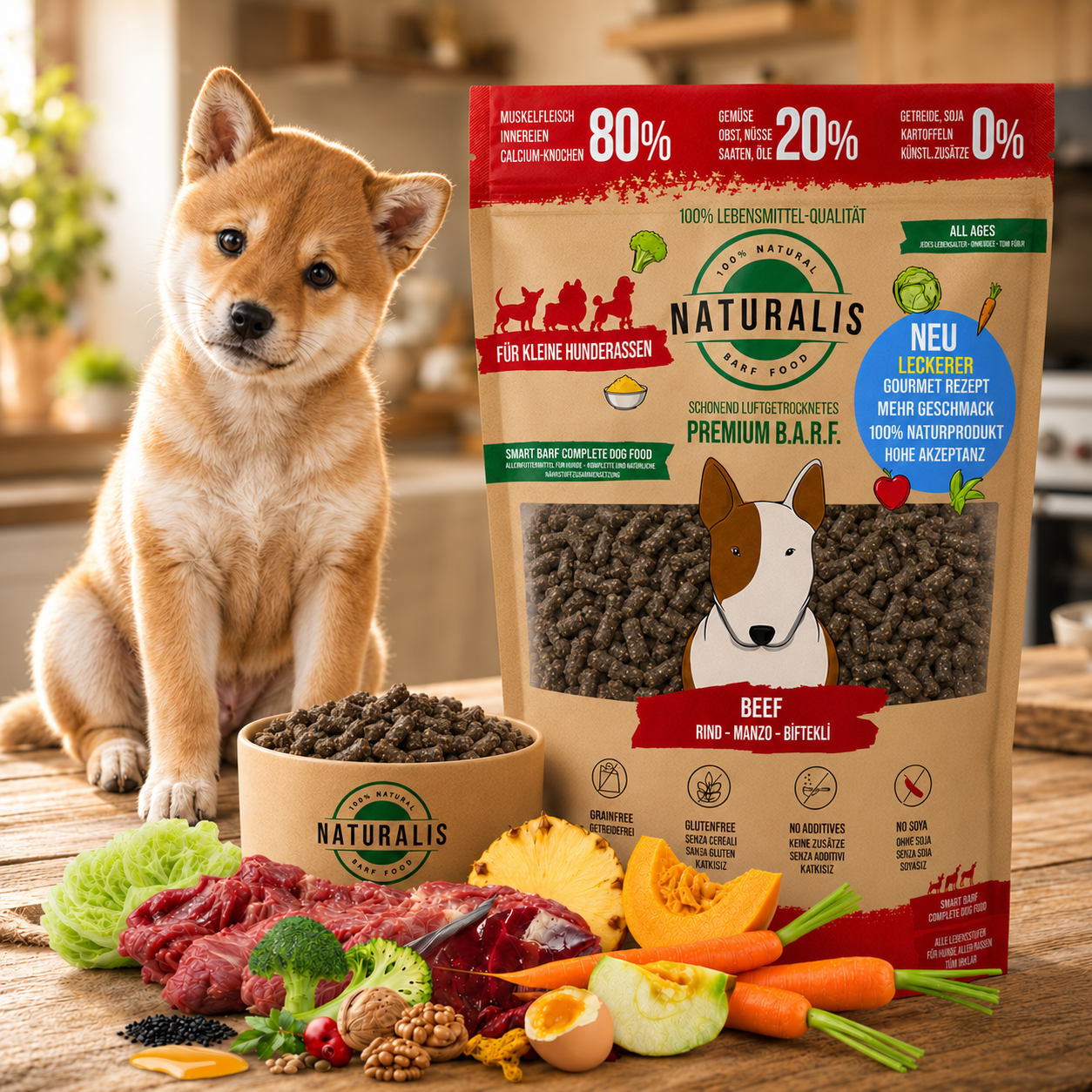 Naturalis Trockenbarf kleine Hunde 1kg – 80% Rind, 20% Gemüse & Obst, getreidefrei, ohne Zusätze, 100% deklariert
