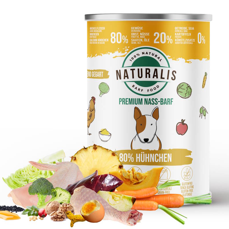 Naturalis Nass-Barf Hundefutter - 80% Huhn, 20% Gemüse & Obst getreidefrei ohne Zusätze 100% Natur 350g