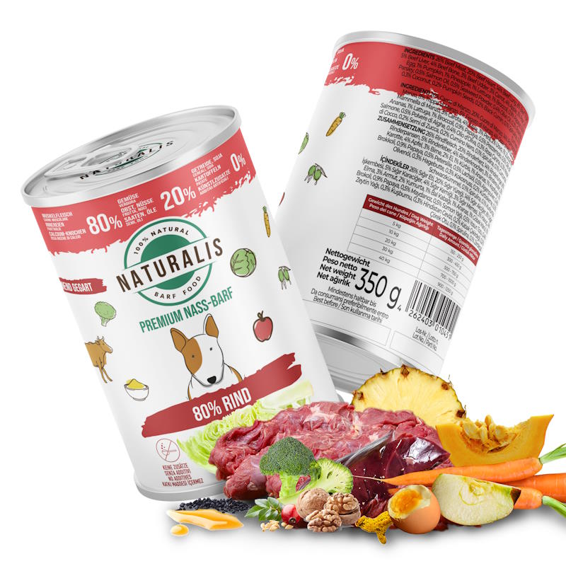Naturalis Nass-Barf Hundefutter - 80% Rind, 20% Gemüse & Obst getreidefrei ohne Zusätze 100% Natur 350g