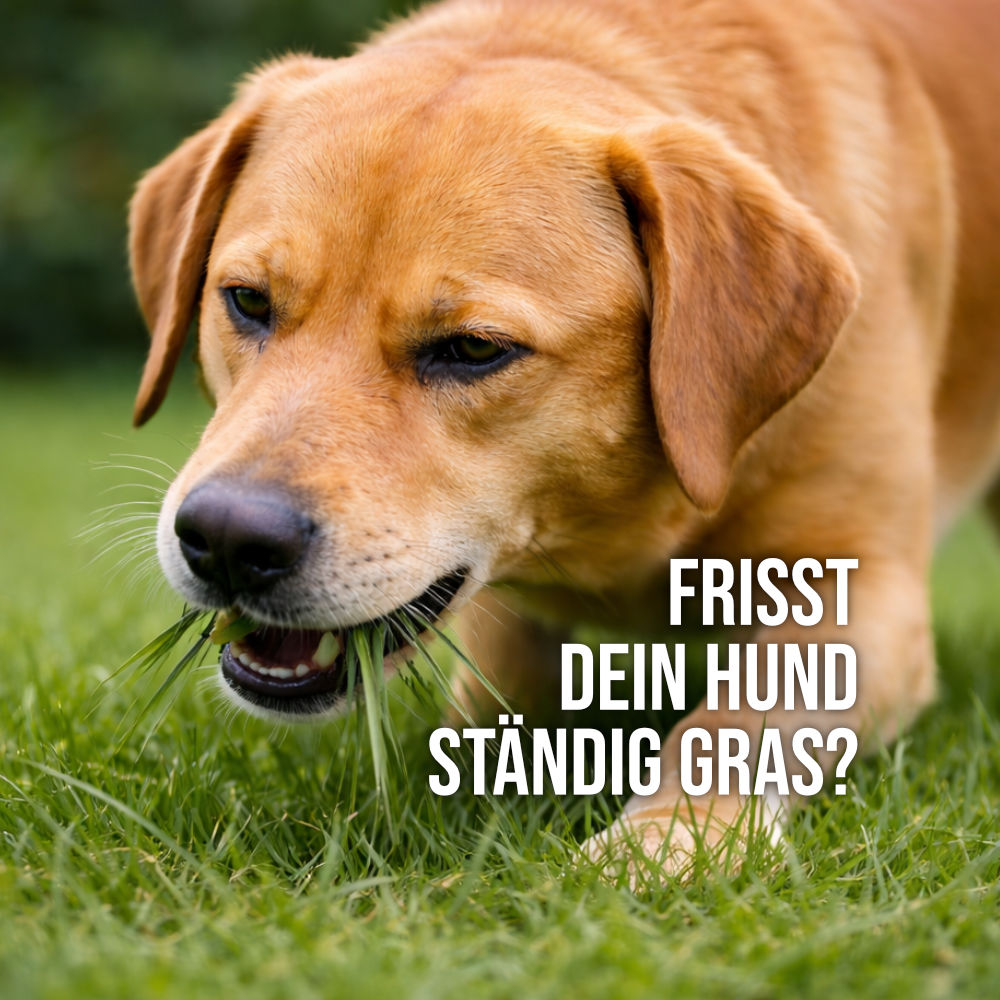 Hund frisst Gras auf einer Wiese – mögliches Zeichen für Magenprobleme oder Sodbrennen beim Hund