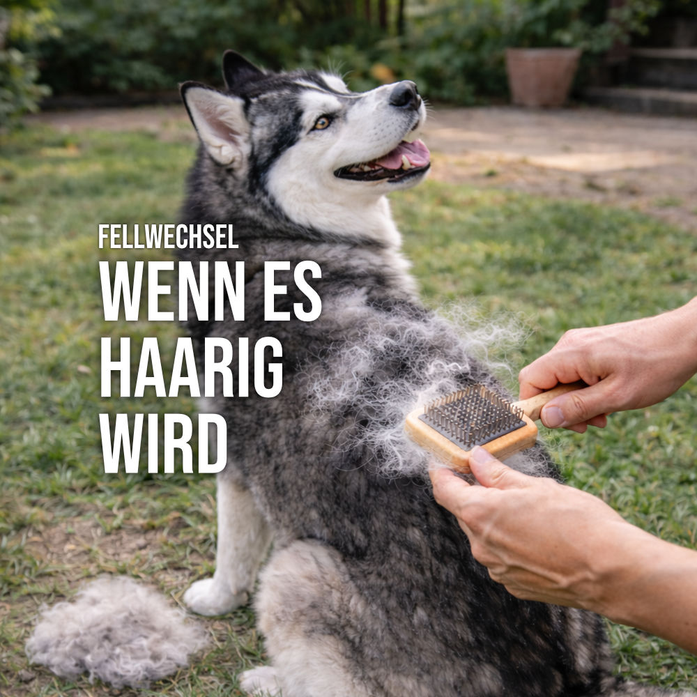 Siberian Husky wird draußen gebürstet, dreht den Kopf zum Besitzer, kleine Fellreste liegen im Gras.