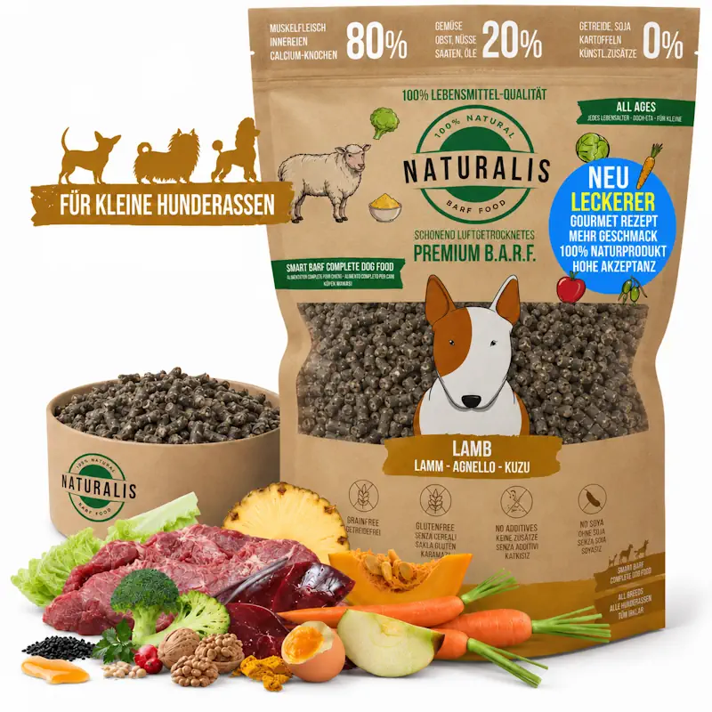 Naturalis Trockenbarf kleine Hunde 1kg – 80% Lamm, 20% Gemüse & Obst, getreidefrei, ohne Zusätze, 100% deklariert
