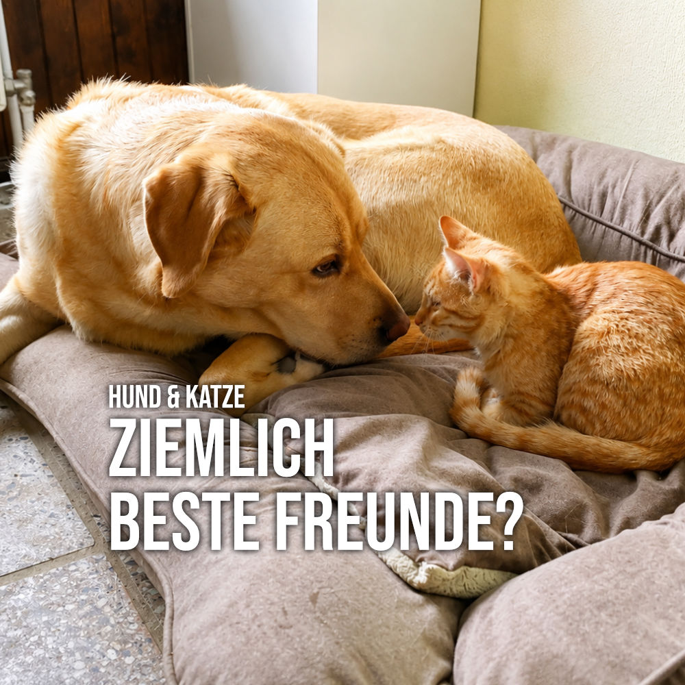 Labrador und junge Katze liegen gemeinsam auf einem Hundebett und beschnuppern sich entspannt.