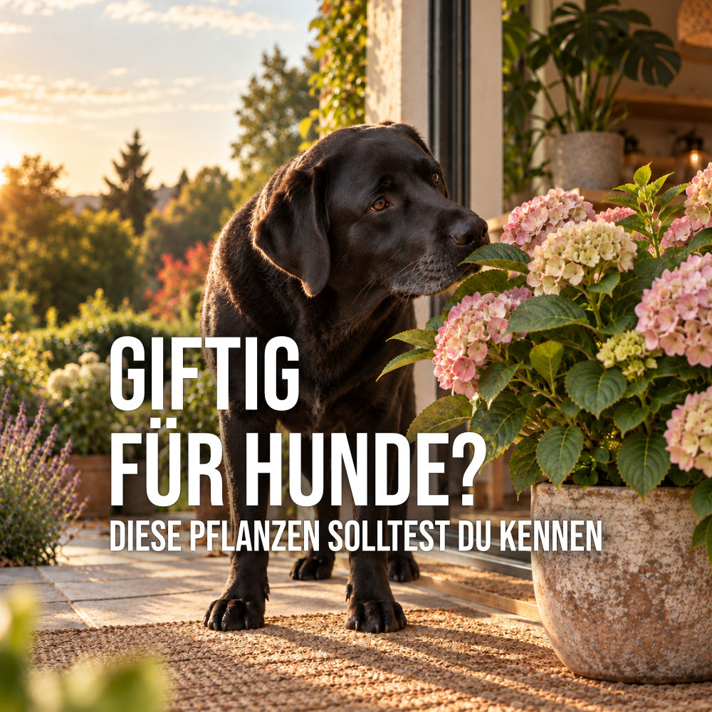 Schwarzer Labrador schnuppert an einer Gartenpflanze, Symbolbild für giftige Pflanzen für Hunde im Garten und Zuhause