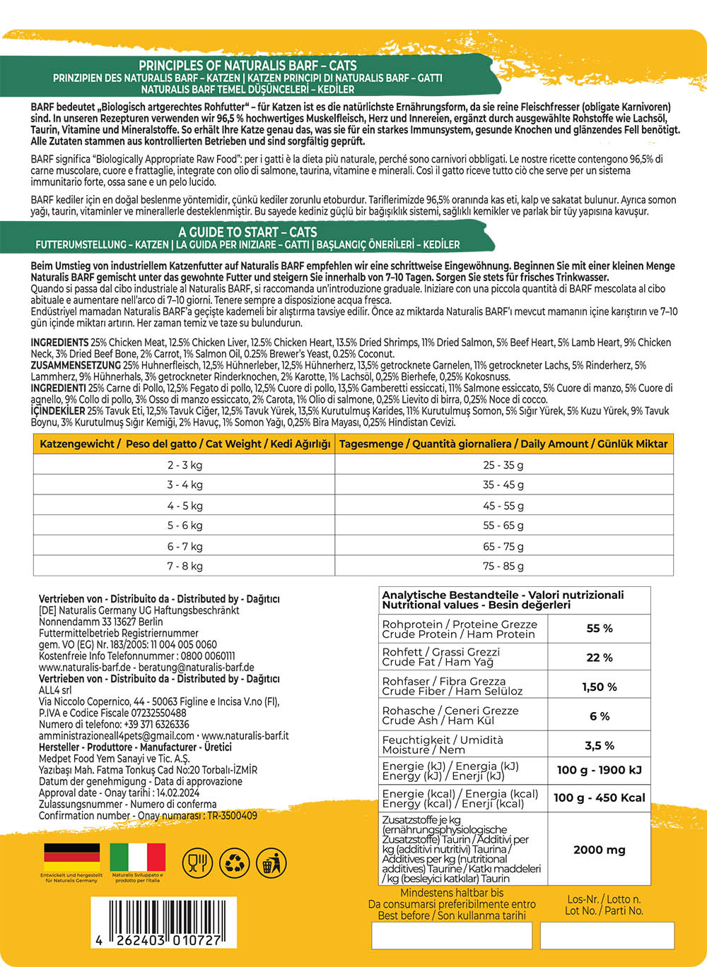 Naturalis Trockenbarf Katzenfutter Huhn+ mit 96,5% tierischer Anteil getreidefrei mit Taurin 1kg