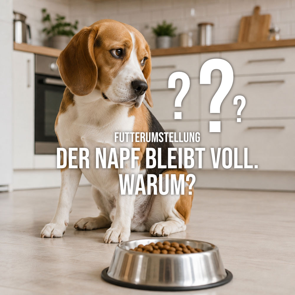Beagle sitzt vor einem gefüllten Futternapf und möchte nicht fressen