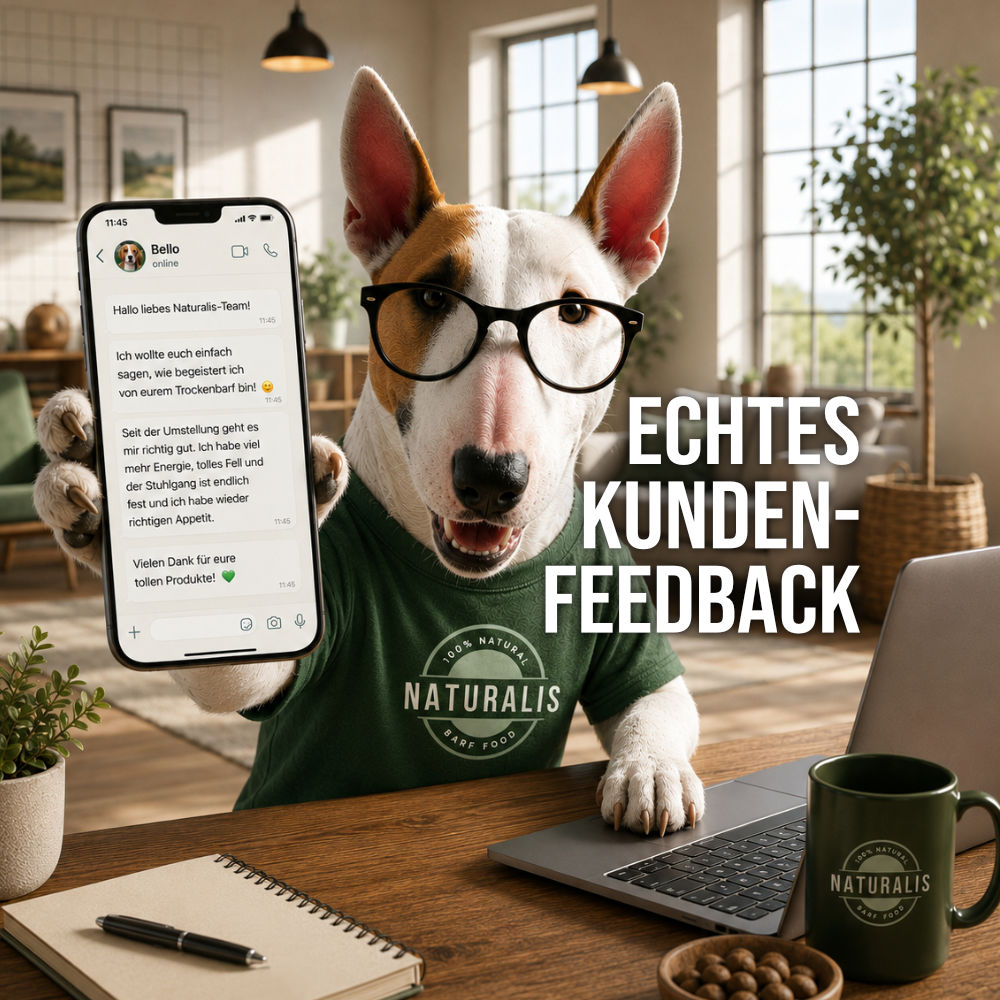 Bullterrier Alis zeigt eine Kundennachricht mit echten Erfahrungen zu Naturalis TrockenBARF.