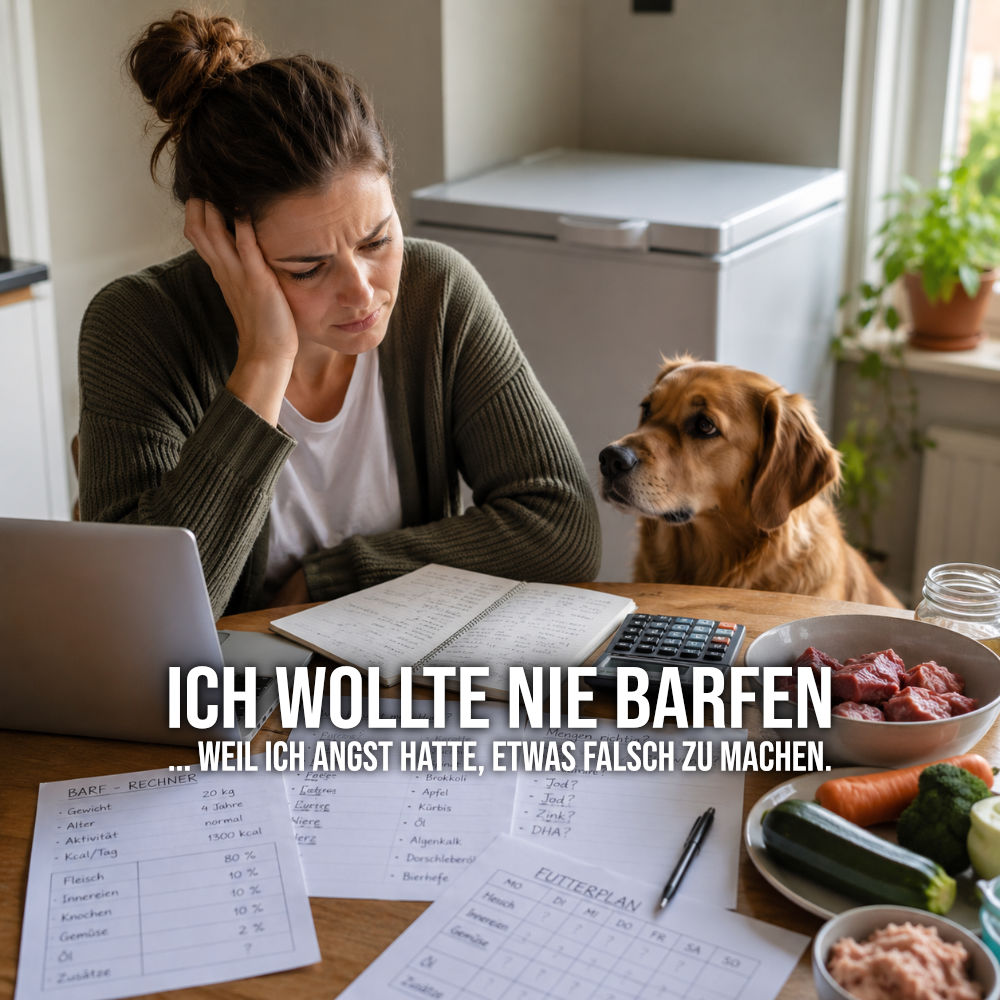 Hundehalterin sitzt mit BARF-Rechner, Notizen und Zutaten am Küchentisch und wirkt beim Planen der BARF-Fütterung überfordert.