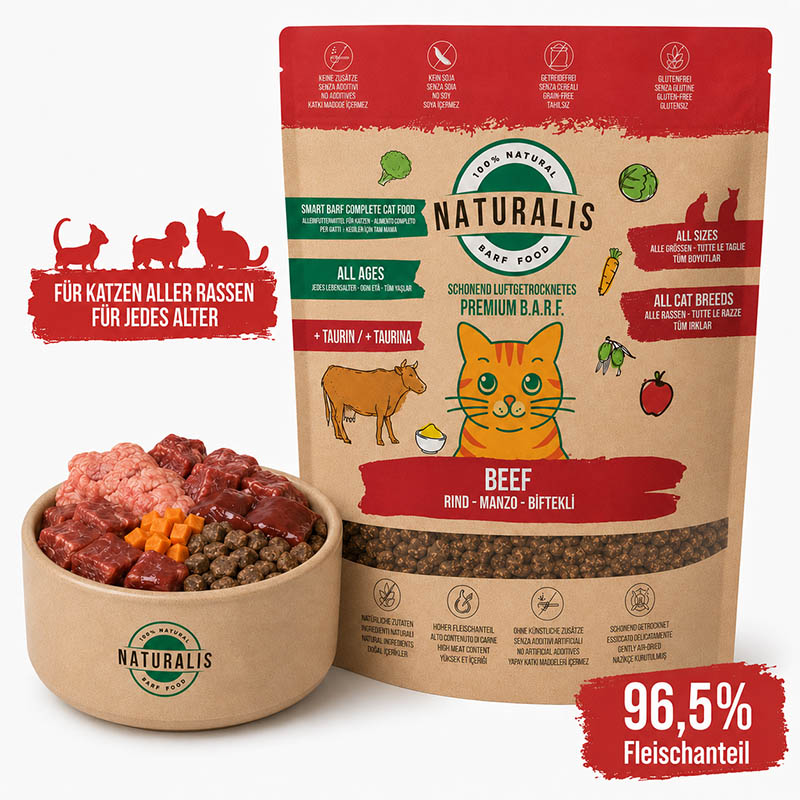 Naturalis Trockenbarf Katzenfutter Rind mit 96,5% tierischem Anteil getreidefrei mit Taurin 1kg