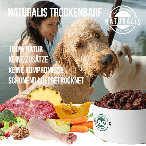 Naturalis Trockenbarf  ist gesundes artgerechtes Hundefutter aus 100% natürlichen Zutaten ohne jegliche Zusätze aus 80% Fleisch 20% Gemüse, Obste, Öl, Vitaminen - das Alles-drin-Alleinfuttermittel