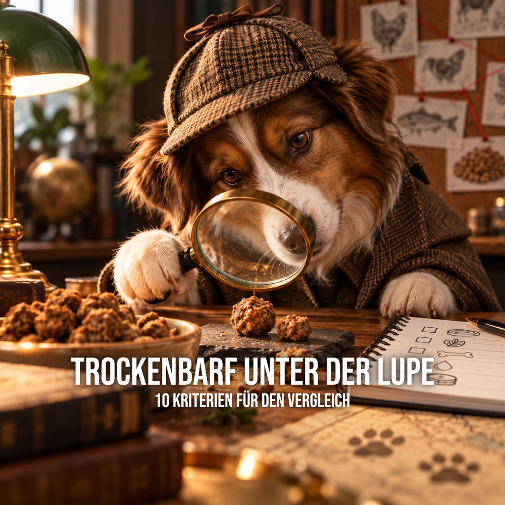 Hund im Sherlock-Holmes-Look untersucht TrockenBARF mit einer Lupe