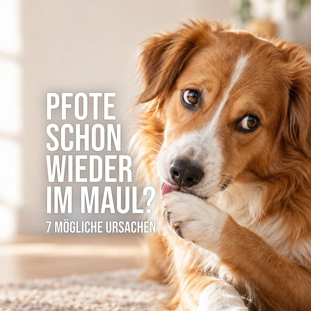 Hund leckt an seiner Vorderpfote und schaut aufmerksam, Symbolbild für häufiges Pfotenlecken und mögliche Ursachen