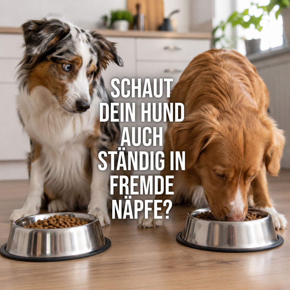 Zwei Hunde sitzen vor ihren Futternäpfen in einer Küche. Ein Hund blickt interessiert zum Napf des anderen – eine typische Alltagssituation bei Futterneid unter Hunden.