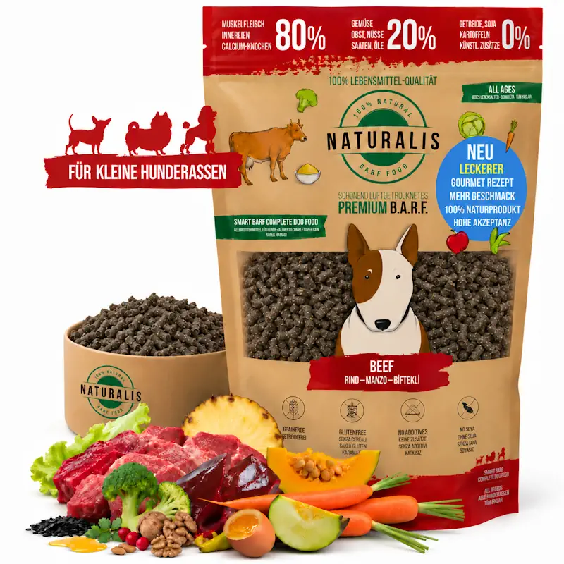 Naturalis Trockenbarf kleine Hunde 1kg – 80% Rind, 20% Gemüse & Obst, getreidefrei, ohne Zusätze, 100% deklariert