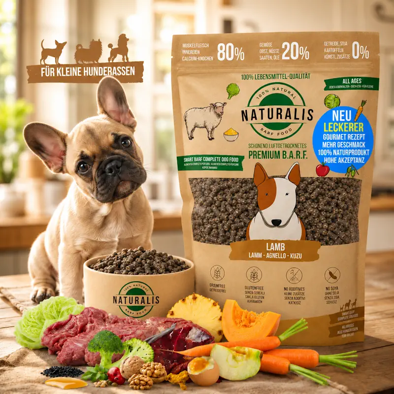 Naturalis Trockenbarf kleine Hunde 1kg – 80% Lamm, 20% Gemüse & Obst, getreidefrei, ohne Zusätze, 100% deklariert