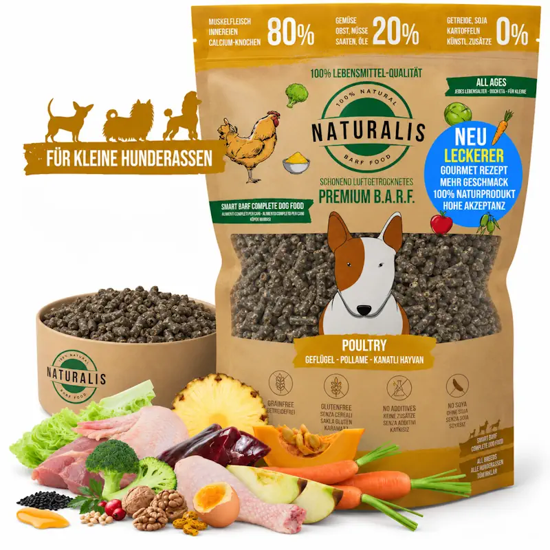 Naturalis Trockenbarf kleine Hunde 1kg - 80% Huhn, 20% Gemüse & Obst, getreidefrei, ohne Zusätze, 100% deklariert, entspricht 4kg Nassfutter