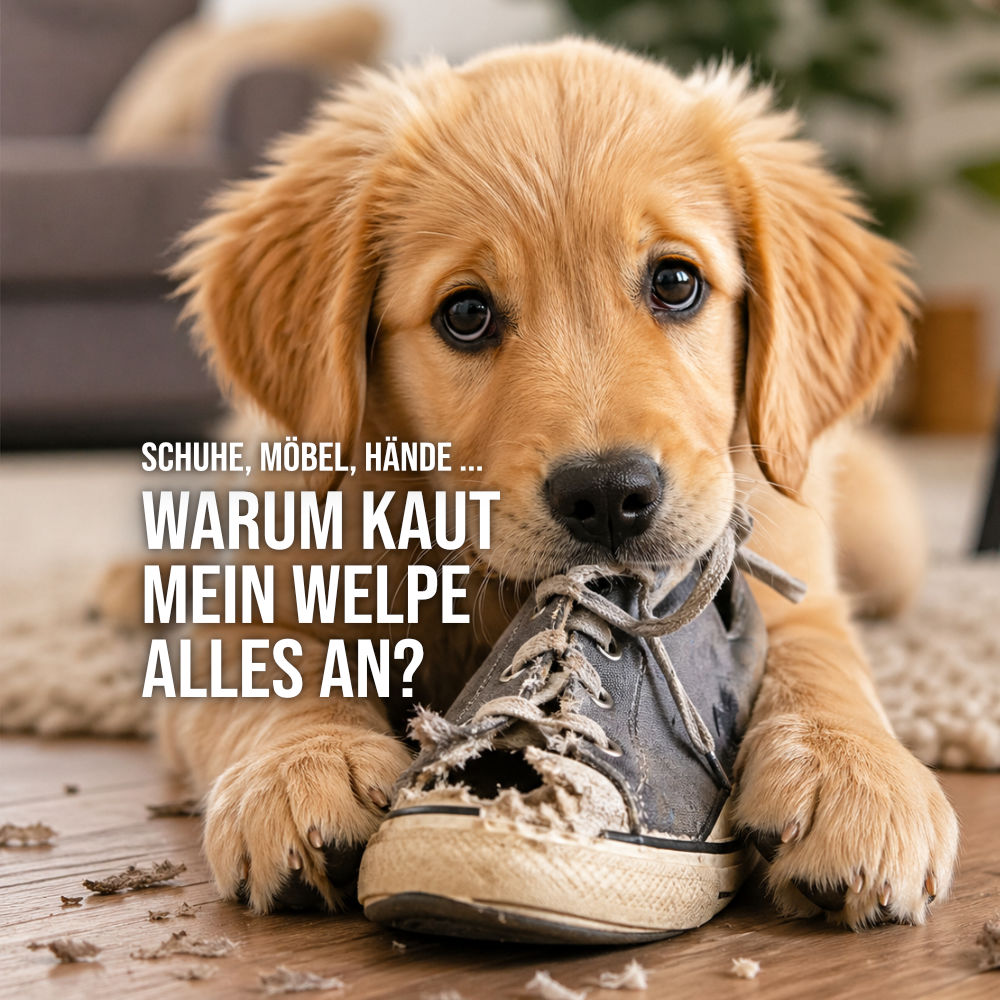 Welpe kaut auf Schuh im Wohnzimmer