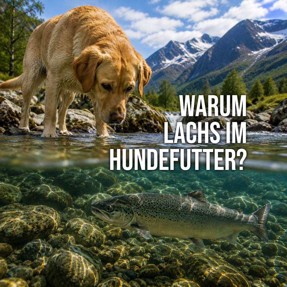 Labrador steht an einem klaren Gebirgsbach und beobachtet einen Lachs unter Wasser.