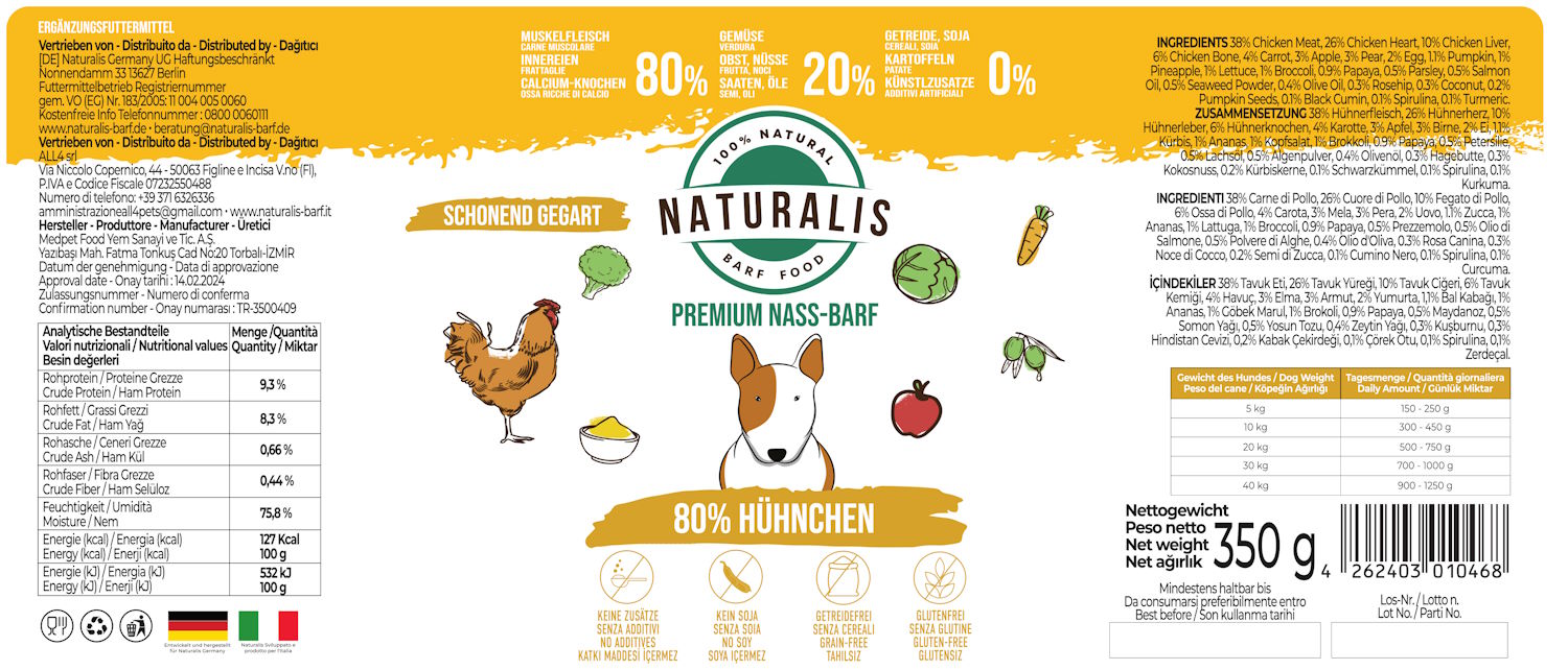 Naturalis Nass-Barf Hundefutter - 80% Huhn, 20% Gemüse & Obst getreidefrei ohne Zusätze 100% Natur 350g