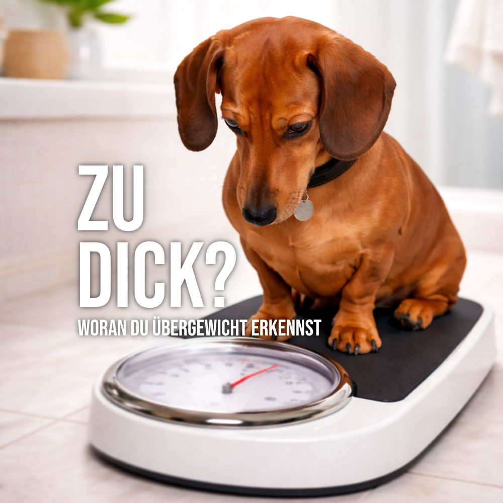Dackel mit leichtem Übergewicht sitzt auf einer Waage