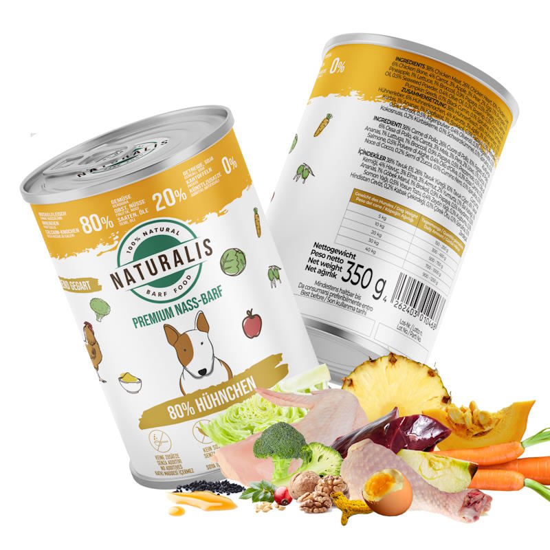 Naturalis Nass-Barf Hundefutter - 80% Huhn, 20% Gemüse & Obst getreidefrei ohne Zusätze 100% Natur 350g