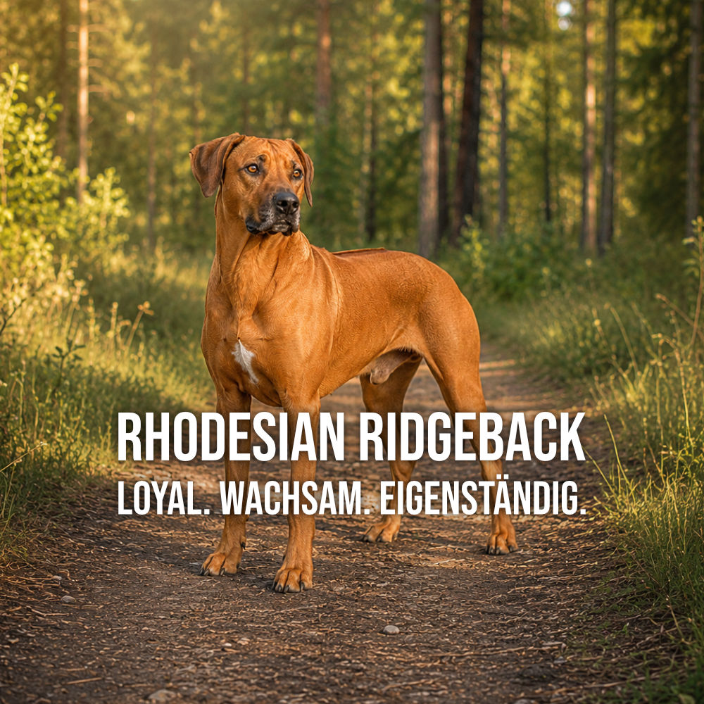 Rhodesian Ridgeback steht aufmerksam auf einem Waldweg und blickt in die Ferne. Die muskulöse Hunderasse ist für ihre Loyalität, Wachsamkeit und Eigenständigkeit bekannt.