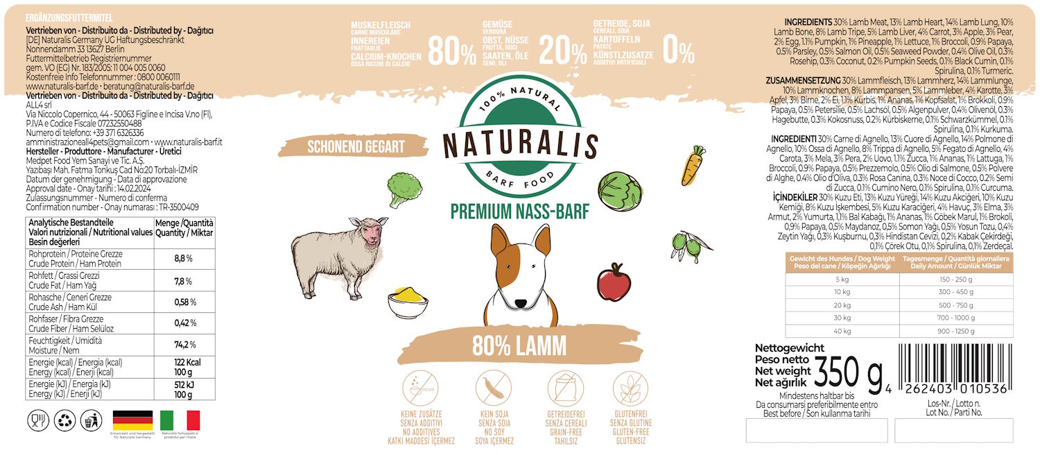 Naturalis Nass-Barf Hundefutter - 80% Lamm, 20% Gemüse & Obst getreidefrei ohne Zusätze 100% Natur 350g