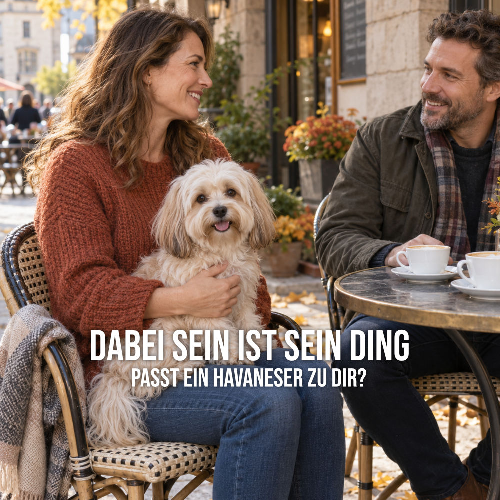 Havaneser auf dem Schoß einer Frau, die sich im herbstlichen Straßencafé mit einem Mann unterhält.
