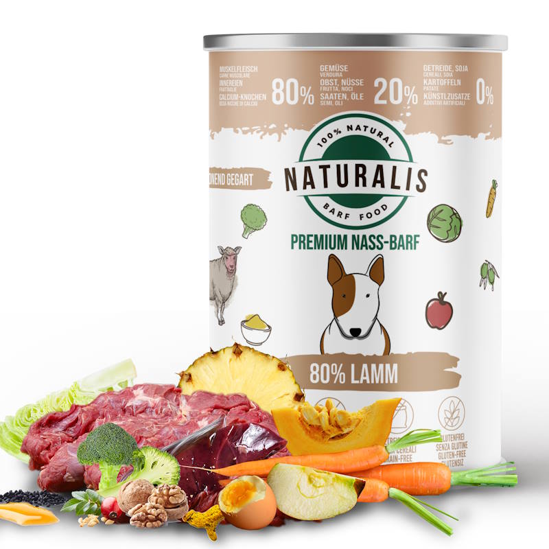 Naturalis Nass-Barf Hundefutter - 80% Lamm, 20% Gemüse & Obst getreidefrei ohne Zusätze 100% Natur 350g
