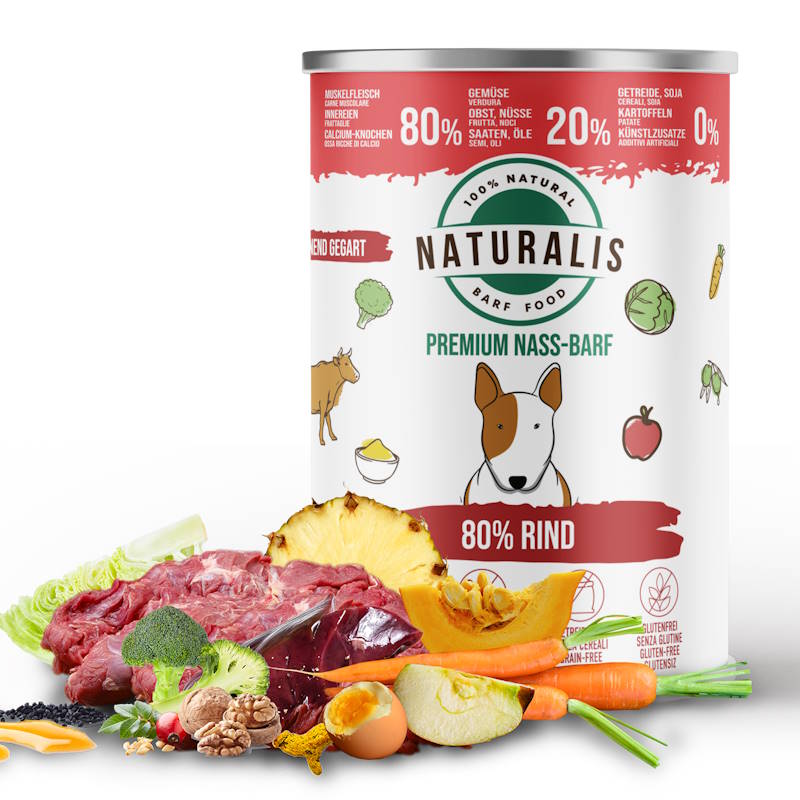 Naturalis Nass-Barf Hundefutter - 80% Rind, 20% Gemüse & Obst getreidefrei ohne Zusätze 100% Natur 350g