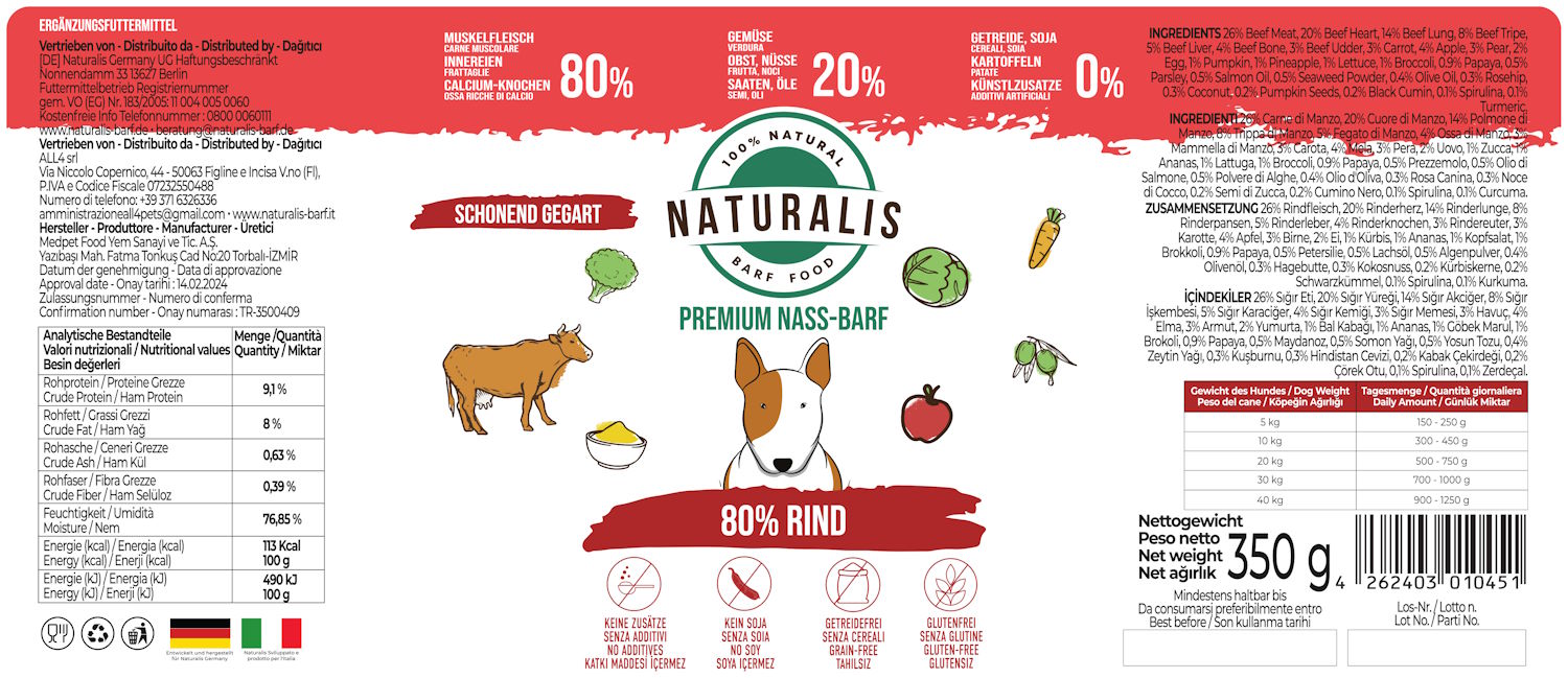Naturalis Nass-Barf Hundefutter - 80% Rind, 20% Gemüse & Obst getreidefrei ohne Zusätze 100% Natur 350g