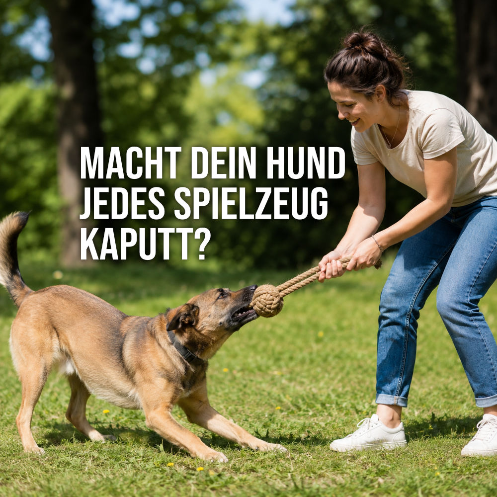 Hund spielt mit seinem Halter Zerrspiel mit robuster Jute-Zerrleine im Park