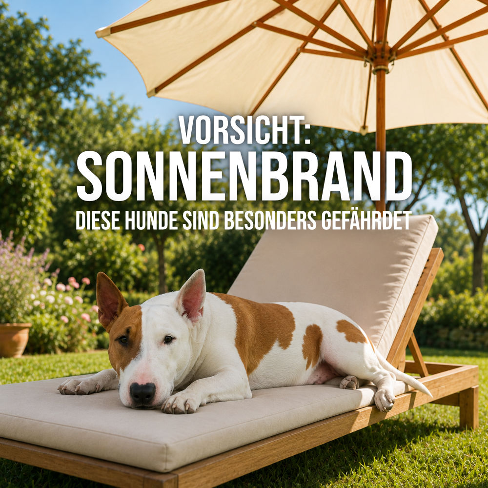 ullterrier liegt im Schatten auf einer Sonnenliege – Sonnenschutz hilft gegen Sonnenbrand beim Hund.