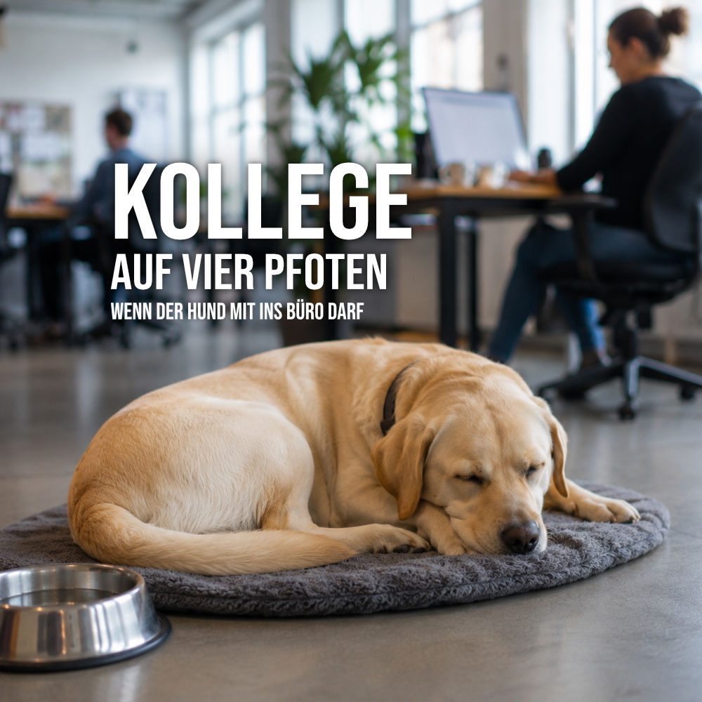 Schlafender Labrador auf einer Decke in einem modernen Büro während Mitarbeiter im Hintergrund arbeiten