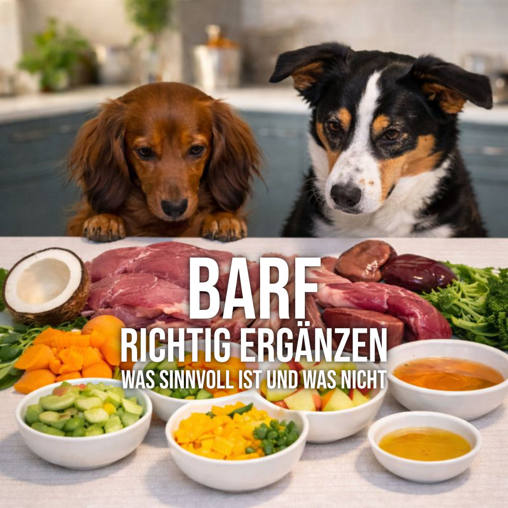 Zwei Hunde sitzen vor einem Tisch mit echten BARF-Zutaten wie Fleisch, Knochen und Gemüse in einer Küche.