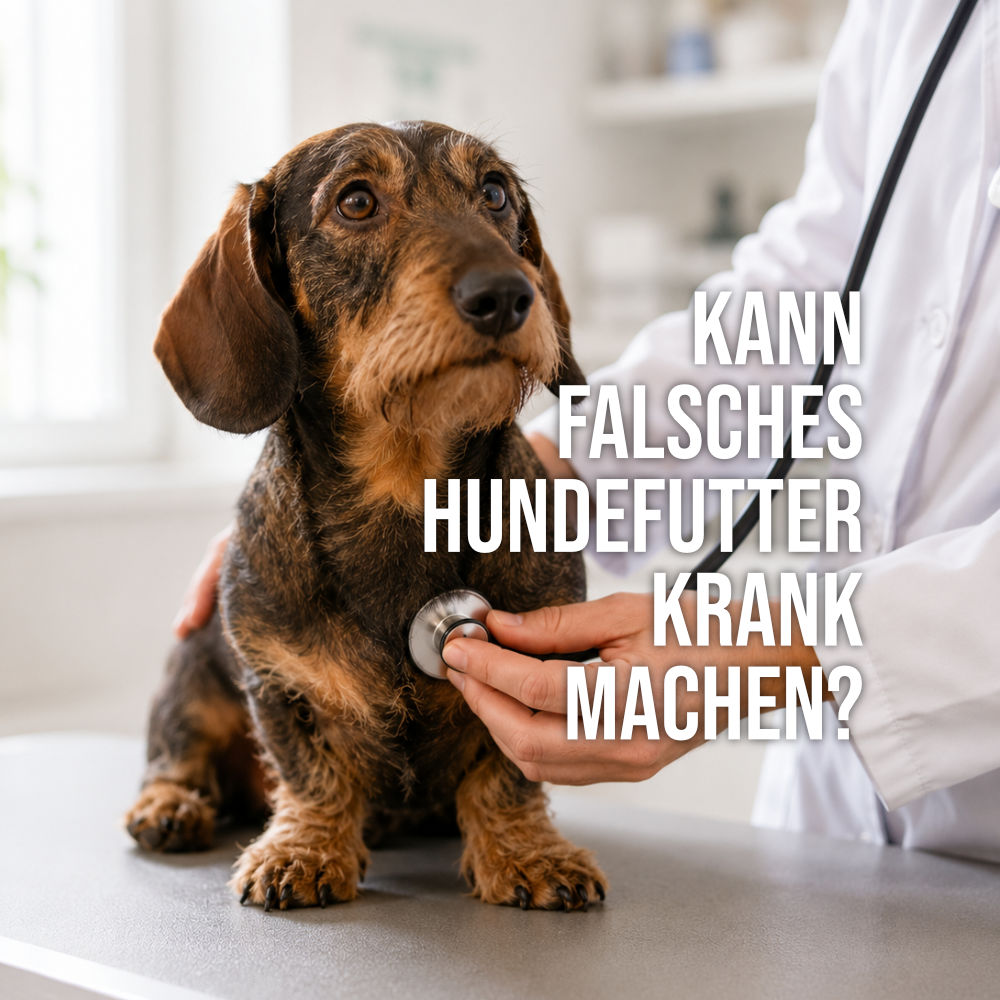 Tierarzt untersucht einen ruhigen Rauhaardackel bei einer Vorsorgeuntersuchung. Eine ausgewogene Ernährung kann die Gesundheit des Hundes unterstützen und ernährungsbedingten Problemen vorbeugen.
