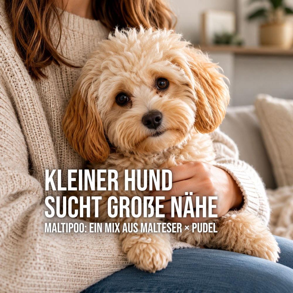Maltipoo sitzt entspannt auf dem Schoß eines Menschen im Wohnzimmer
