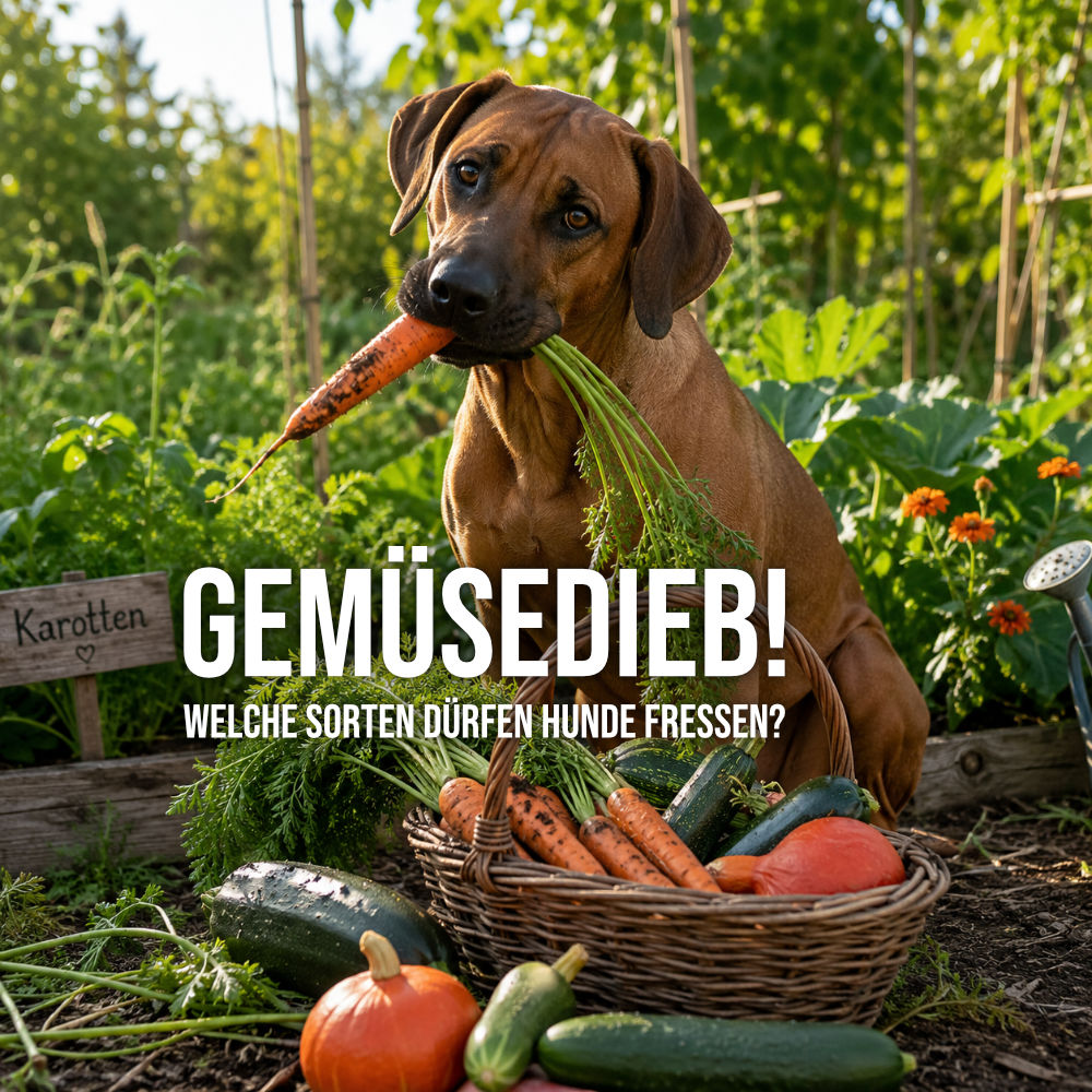 Rhodesian Ridgeback sitzt in einem Gemüsegarten und hält eine frisch geerntete Karotte im Maul. Vor ihm stehen ein Erntekorb mit Karotten, Zucchini, Gurken und Kürbis sowie weitere Gemüsesorten.