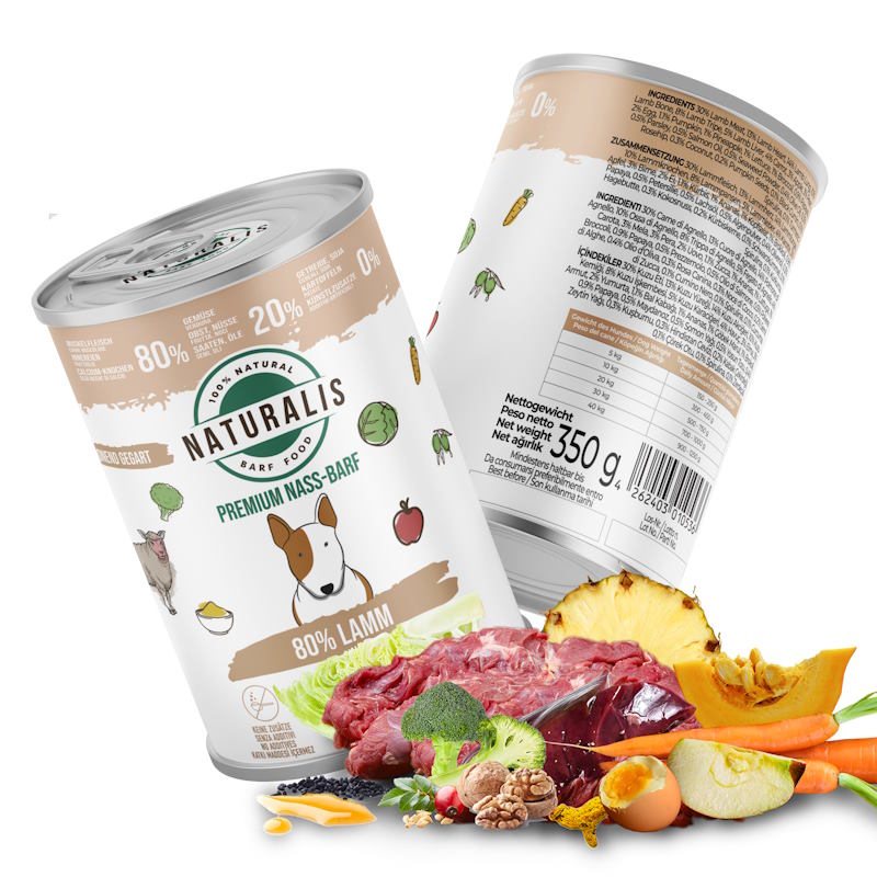 Naturalis Nass-Barf Hundefutter - 80% Lamm, 20% Gemüse & Obst getreidefrei ohne Zusätze 100% Natur 350g