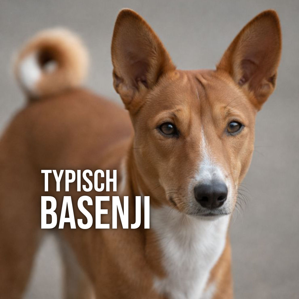 Porträt eines Basenji mit aufgestellten Ohren und eingerollter Rute – typisches Erscheinungsbild der Hunderasse.