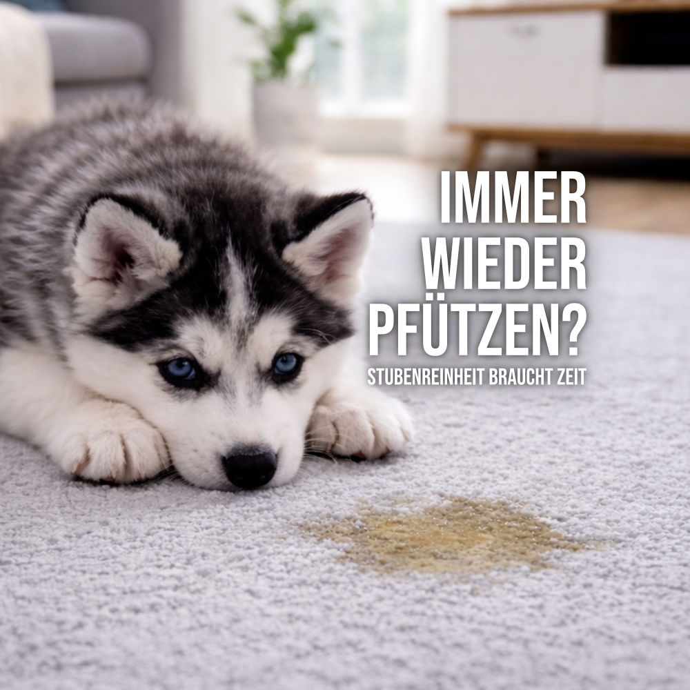 Welpe schaut auf kleine Pfütze in der Wohnung – typisches Problem bei Stubenreinheit beim Hund