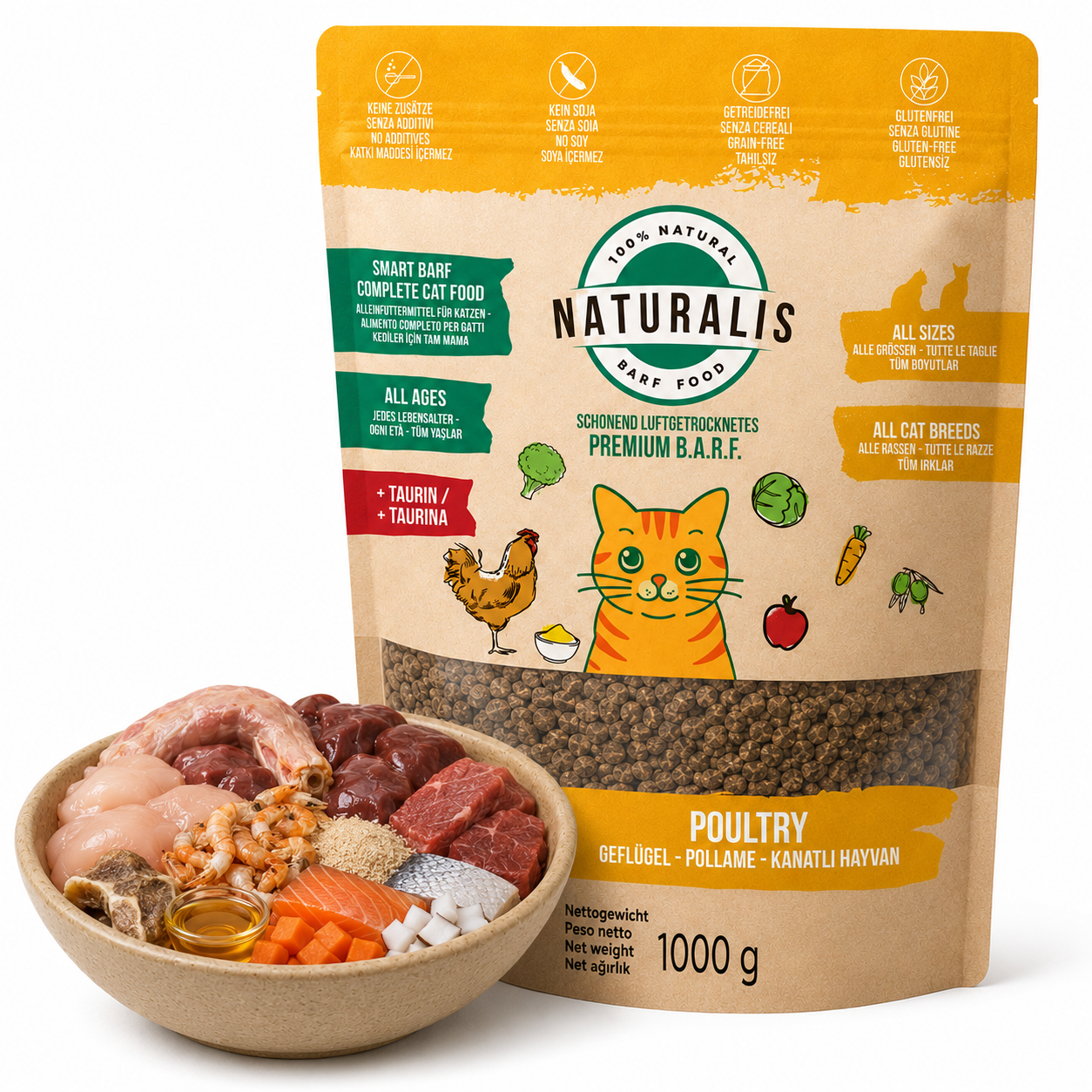 Naturalis Trockenbarf Katzenfutter Huhn+ mit 96,5% tierischer Anteil getreidefrei mit Taurin 1kg