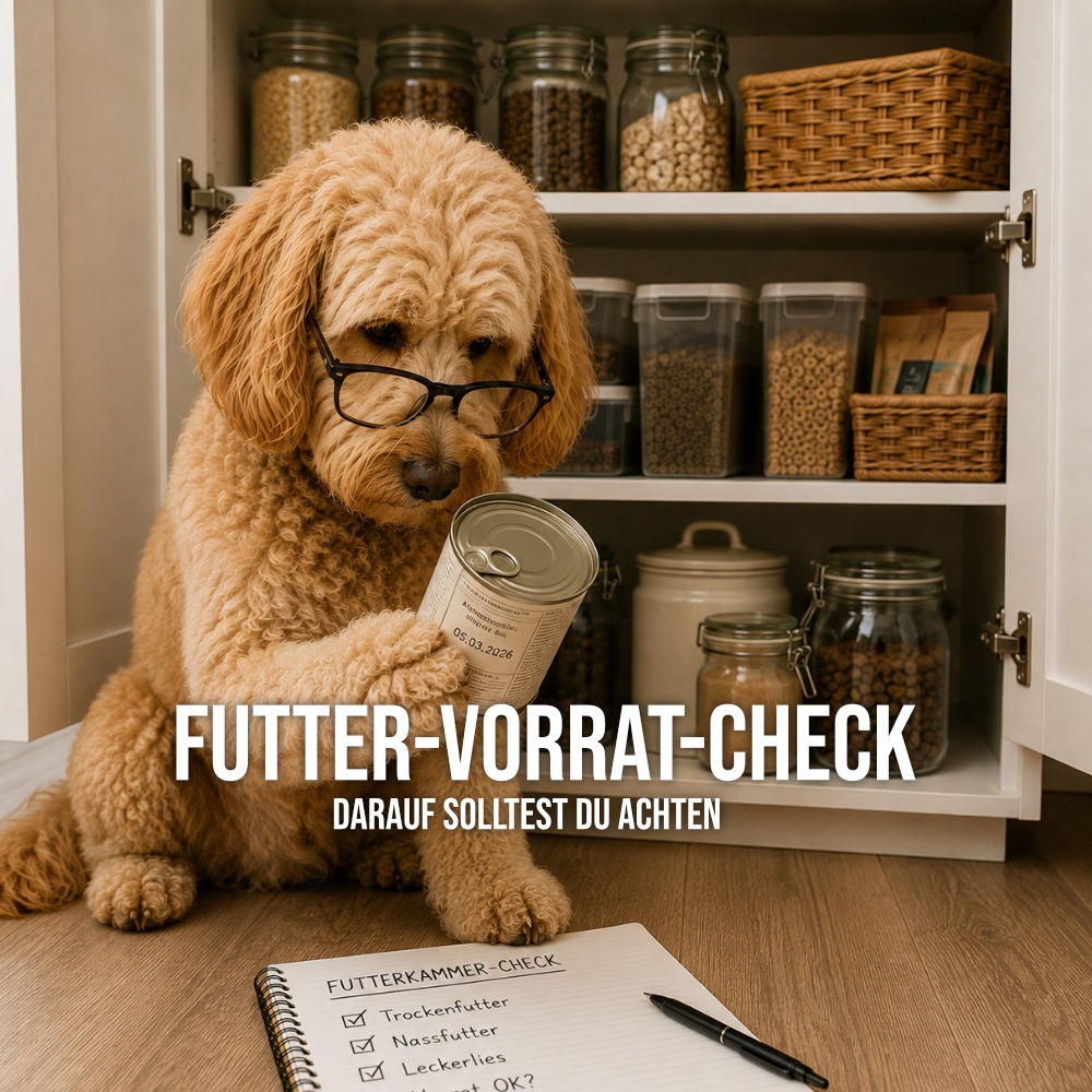 Labradoodle mit Lesebrille prüft beim Futterkammer-Check die Haltbarkeit von Hundefutter.